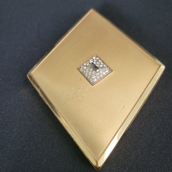 Women's Vintage Compact Makeup Mirror Jeweled Gold Hinged Folding 4" x 3" - Picture 3 of 9